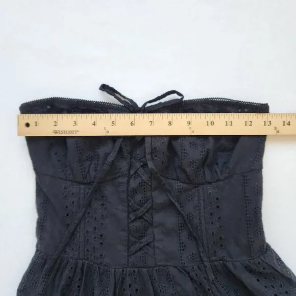 Edikted Liora Lacy Cotton Mini Dress Black Strapless Eyelet Ruffled Feminine - Picture 13 of 14